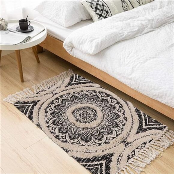 Cotton Rug, 2X3 Black Mandala Boho Rug, Hand Woven Bohemian Throw Rugs - Picture 5 of 7